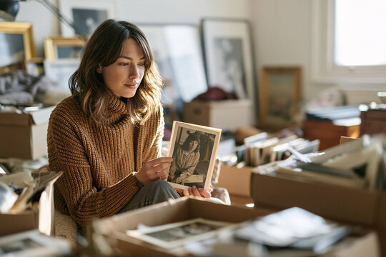 Woman Sorting Inherited Family Belongings During Emotional Generational Decluttering Process