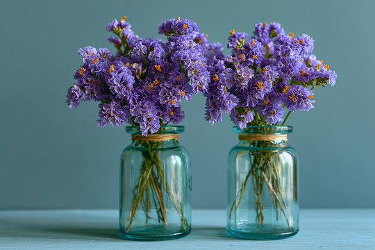Two vintage glass jars filled with purple statice flowers on a rustic wooden table