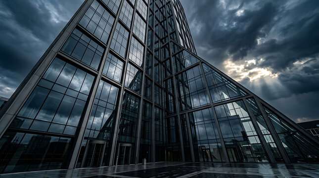Modern Glass Skyscraper Reflecting Dramatic Clouds and Sunlight, Architectural Marvel