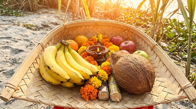 Traditional Chhath Puja offering in a bamboo winnowing basket with fruits and flowers.