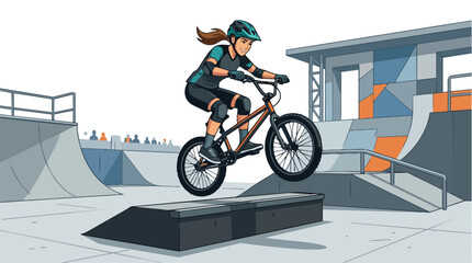 Fototapeta premium Young female cyclist performing a trick on a BMX bike.