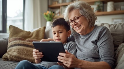 Obraz premium Grandmother and young grandson using a tablet together at home, representing intergenerational connection, digital learning, family bonding, technology education, and quality time