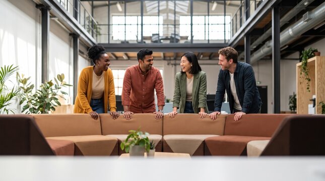 Professionals brainstorming in modern office with diverse coworkers smiling around sofa during collaborative creative meeting