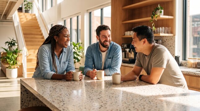 Teammate conversation among diverse adults in bright kitchen, sharing coffee and laughter around stone island during relaxed workplace meeting and friendly collaboration