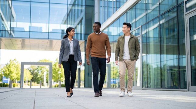 Three professionals walking through modern glass office campus, smiling during business conversation in urban setting