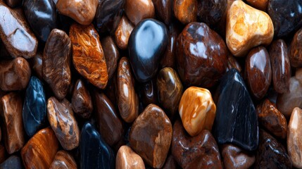 Fototapeta premium A vibrant assortment of polished stones showcases a rich variety of colors and textures, symbolizing nature's artistry and the beauty found in simple elements of earth.