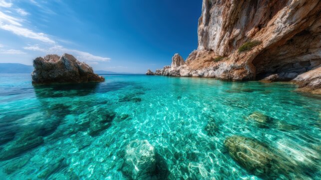 This breathtaking image captures crystal clear waters in a coastal area showcasing serene beauty, the essence of summer, and the tranquility of nature in a picturesque scene.