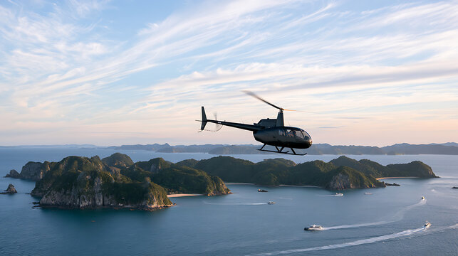 A helicopter flies above a tropical island archipelago in the ocean during sunset with dramatic clouds in the sky for travel adventure