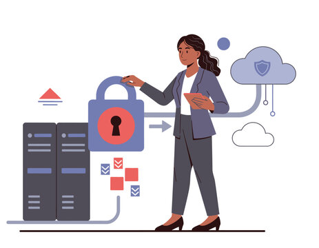 Woman secures server data with padlock and cloud technology for protection.