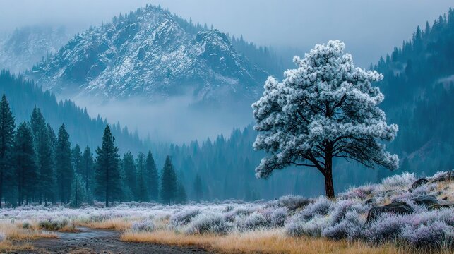 A solitary frosty tree stands in a chilly landscape, framed by majestic snowy mountains, conveying a sense of isolation, beauty, and the quietness of winter.