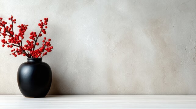 A minimalist arrangement of red berry branches in a black vase against a soft background, symbolizing elegance and warmth in interior decor.