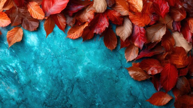 A vibrant display of autumn leaves in rich reds and oranges placed against a striking turquoise surface, creating a beautiful contrast that celebrates seasonal change.