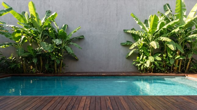 Modern Swimming Pool with Wooden Deck and Concrete Wall Banana Plants