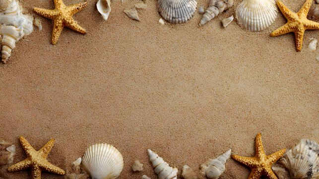 Seashell and Starfish Border Frame on Fine Sand. Sandy Beach Frame with Starfish and Seashells in Corners. Beach Sand Texture Framed with Seashells and Dried Starfish
