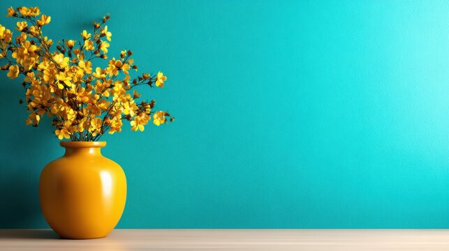 A stunning display of cheerful yellow flowers arranged in a glossy ceramic vase against a bright turquoise background, perfect for adding a pop of color to any space.