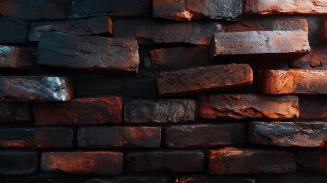 This close-up view of a textured dark brick wall showcases deep earthy tones with fiery highlights, offering a dramatic and industrial aesthetic suitable for various artistic projects.