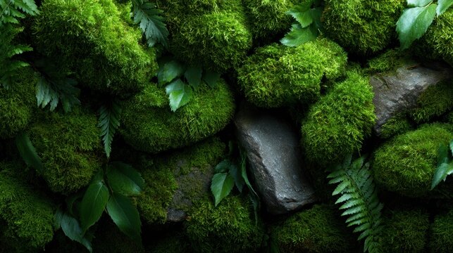 A serene image of vibrant green moss intertwined with stones captures the tranquility of nature, embodying the essence of growth, life, and earthy beauty.