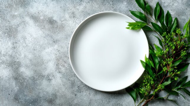 A clean, white, circular plate is elegantly placed amid vibrant green leaves, exuding freshness and simplicity that enhances food presentation in a culinary setting.