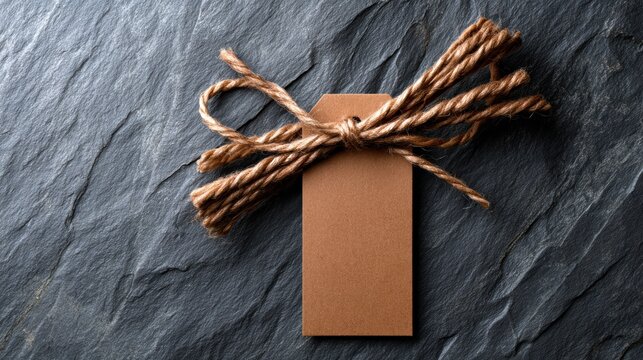 A rustic brown tag tied with twisted rope is showcased against a dark slate background, perfect for labeling or adding a personal touch to crafts and gifts.