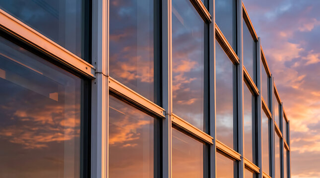 Modern architectural glass facade reflecting a vibrant sunset sky, showcasing contemporary building design and urban aesthetics