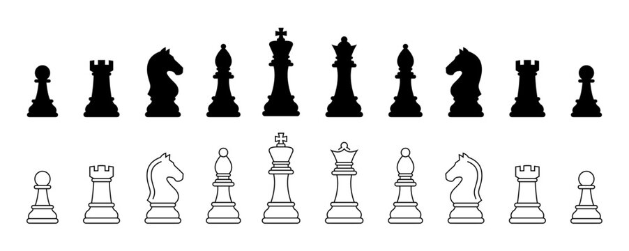 Chess pieces icon set in solid black silhouettes and thin line outline styles. Minimalist king, queen, bishop, knight, rook, and pawn figures for board game and strategy concept design.
