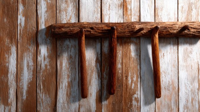 This image features rustic wooden hooks mounted on weathered wooden boards, emphasizing a charming, nostalgic feel that embodies craftsmanship and artisanal quality in design.