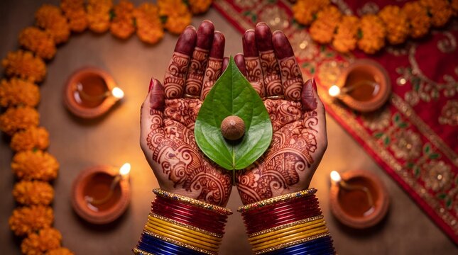 Beautiful hands of an Indian woman with betel nut along with betel leaf performing puja rituals. Indian Hindu traditional background.