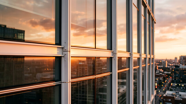 Modern Glass Facade of Office Skyscraper Reflecting Warm Sunset Over City Skyline
