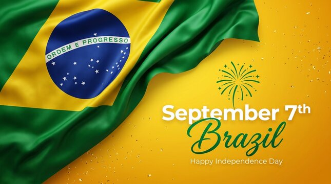 Brazil Independence Day celebration background, September 7th Brazilian national holiday banner, waving silk flag with fireworks
