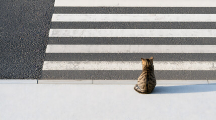 Naklejka premium A small domestic cat Felis catus sitting on a sidewalk and look at a pedestrian zebra crosswalk on an urban street in high angle view