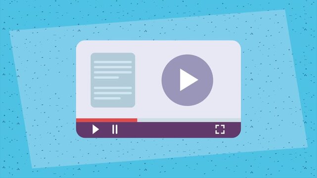 Animated video player interface design with digital playback controls and motion graphics elements on blue background.