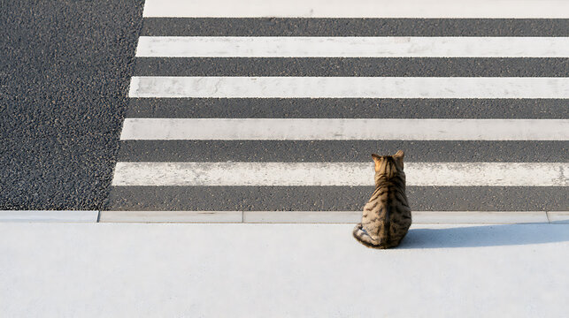 A small domestic cat Felis catus sitting on a sidewalk and look at a pedestrian zebra crosswalk on an urban street in high angle view