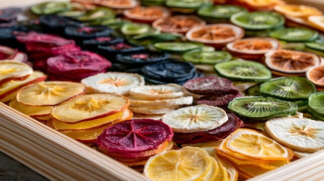 A colorful assortment of dried fruit slices arranged neatly in a wooden tray  showcasing vibrant hues and natural textures