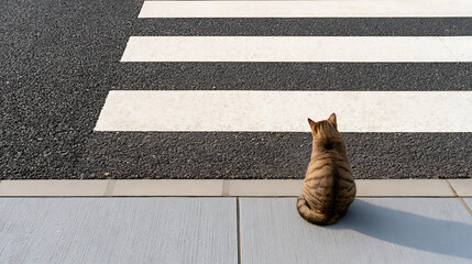 Naklejka premium A domestic cat, Felis catus, sitting patiently on a concrete sidewalk edge and waiting to cross a white pedestrian zebra crosswalk safely