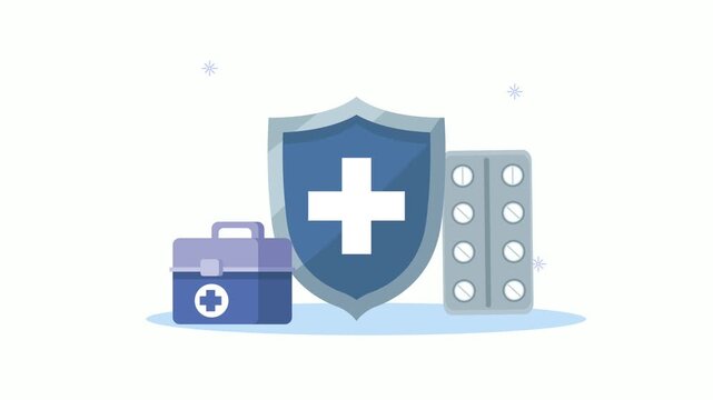 Medical protection shield with first aid kit and blister pack of pills, healthcare and safety concept motion graphic animation.
