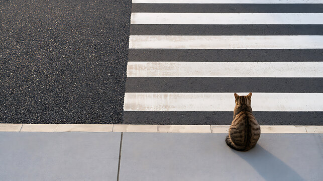Tabby cat felis catus wait near pedestrian crosswalk on city street asphalt road, high angle top view composition with empty copy space