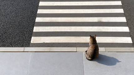 Naklejka premium A domestic cat, felis catus, sitting on a sidewalk and waiting by a pedestrian crosswalk on a city street, top view composition