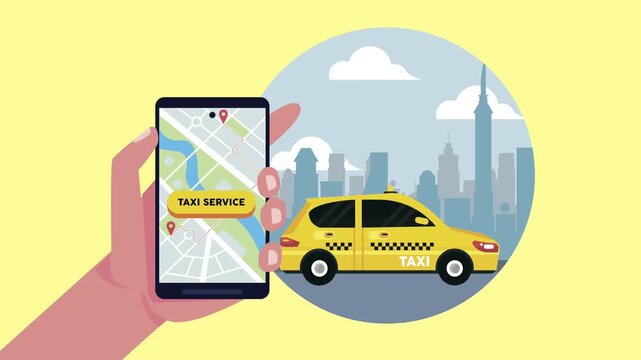 Hand holding smartphone with taxi app navigating city, yellow taxi car appears.