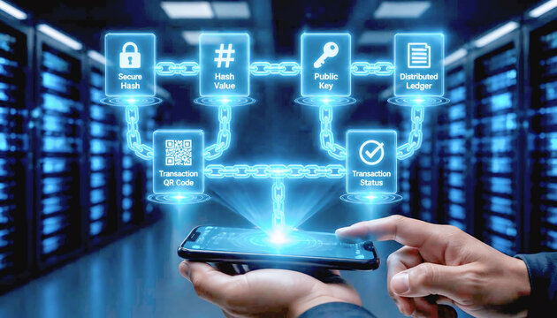 Blockchain Technology Diagram and Distributed Ledger Concept in Server Room