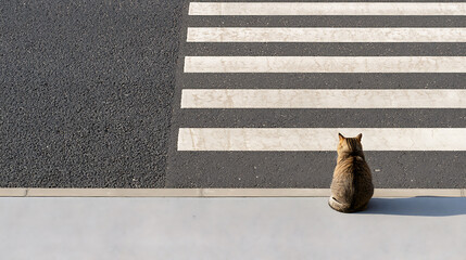 Naklejka premium A small tabby cat Felis catus sit wait safely near a pedestrian zebra crosswalk on city street asphalt pavement during bright day light