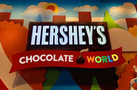 Hershey, Pennsylvania, USA - Aug 19, 2026: An entrance to Hershey's Chocolate World in Hershey, Pennsylvania on August 19th, 2026. Hershey's Chocolate World is a theme park in Hershey, Pennsylvania. 