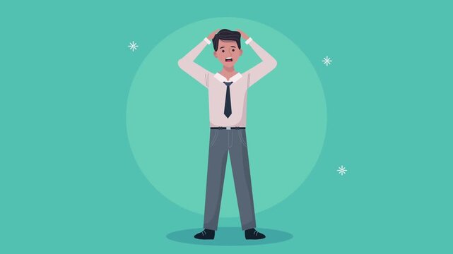 Animated businessman character showing signs of stress and panic with hands on head in motion clip.