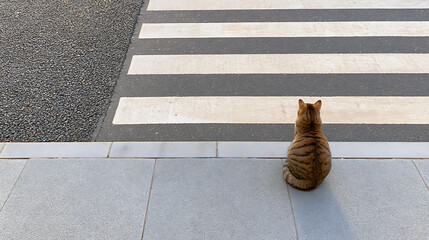 Naklejka premium A cute tabby cat (Felis catus) sitting patiently on a city sidewalk next to a pedestrian crosswalk waiting to cross the asphalt street