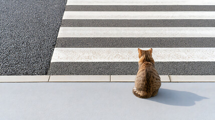 Naklejka premium Domestic cat Felis catus sit and look at pedestrian crosswalk on street urban asphalt road background top view horizontal image