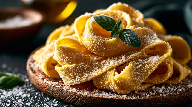 Fresh handmade pasta noodles rolled on a wooden board with parmesan and basil