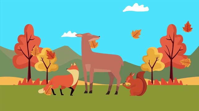Autumn landscape animation featuring forest animals with falling leaves and scenic mountain background.