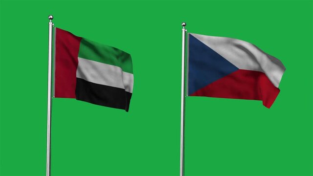 United Arab Emirates  and Czech Republic Waving Flags, 3D Illustration.