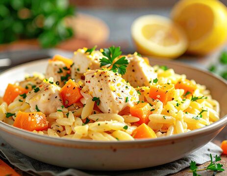 Lemon chicken orzo pasta with carrots. AI