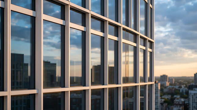 Modern high-rise architectural facade with reflective glass windows during a golden sunset urban landscape