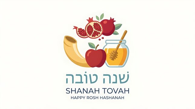 Happy Rosh Hashanah Greeting Card Vector Illustration with Shofar, Honey Jars, Apples, Pomegranates, Challah Bread, and Grapes